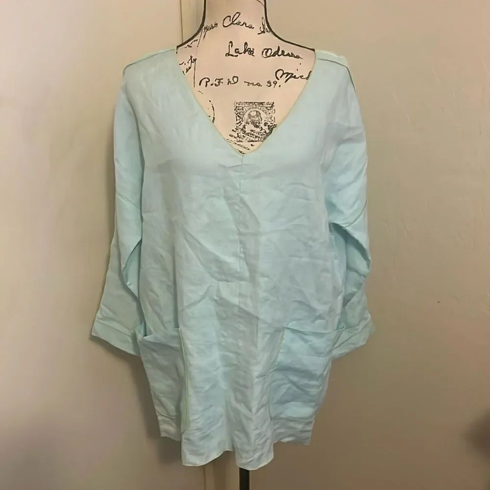 Soft Surroundings Blue 100% Linen Top Minimalist Boho Lagenlook Coastal Beach